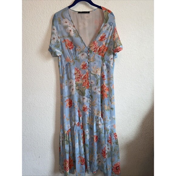 Zara Women Floral Tea Dress Button Front Chic Long XL Spring Blogger Fairy - Picture 1 of 16